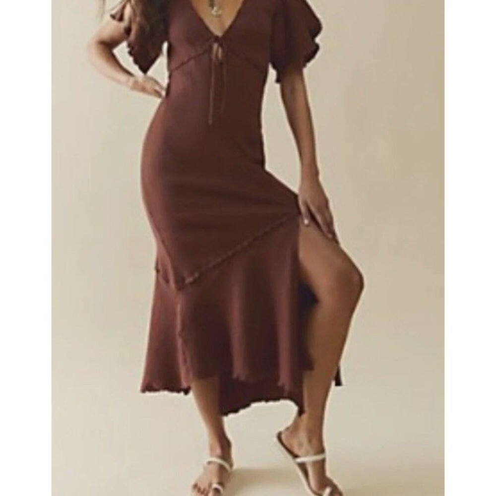 Free People Women's Brown Tie-Front Big Mood Midi Dress Small Boho